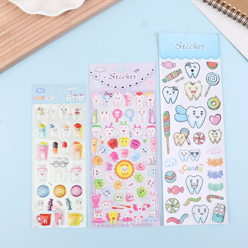 4/5 fogli adesivi a forma di dente dentale del fumetto spazzolino denti adesivi ricompensa per bambini decorazione adesiva a forma di dente del fumetto 3D