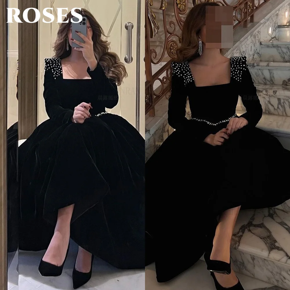 

ROSES Black Velvet Evening Dresses Chic Square Neck فساتين السهرة with Pearls-Embellished Shoulders and Diamond Belt Customized