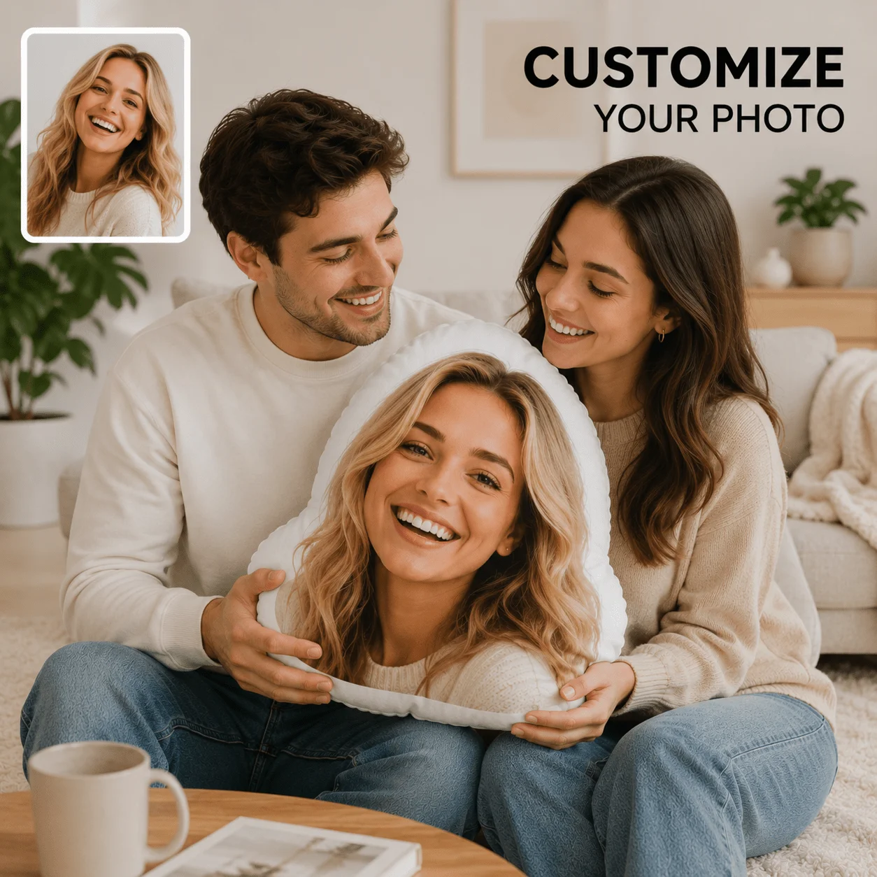 Custom Personalized Photo Face Pillow, Smiling Blonde Woman Custom Shaped Decorative Cushion, 70cm Home Decor Accent Pillow for