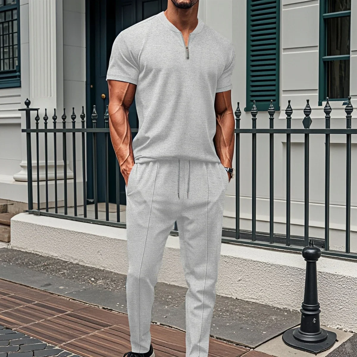 Men's Casual Loose Fit Two-Piece Set Short-Sleeved Pant Suit Waffle Check Zipper Stand Collar Solid Color Fashion Streetwear