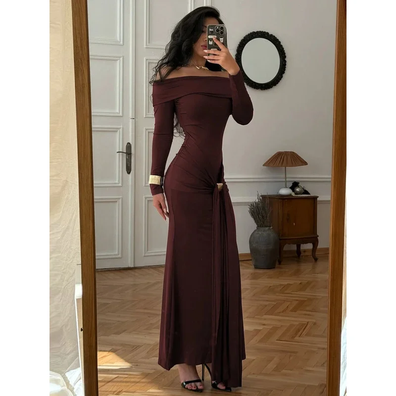 Sukienka maxi z dekoltem typu slash, długim rękawem, marszczeniami i bandażami, seksowna, elegancka, na jesień i zimę, damska, na wieczorne przyjęcie, na Nowy Rok.