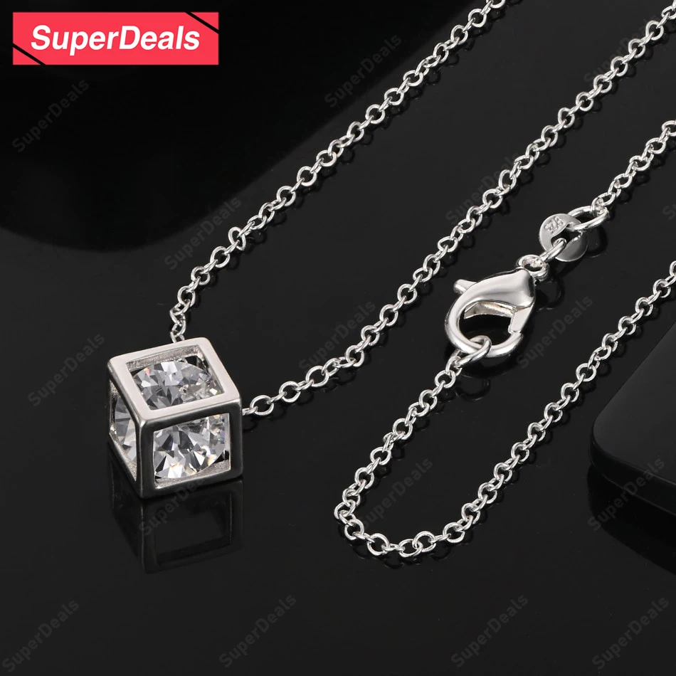 

SuperDeals AAA Zircon 925 Sterling Silver Square Pendant Necklace Girls Birthday Gift Wedding Party Fashion Charm Nice Jewelry