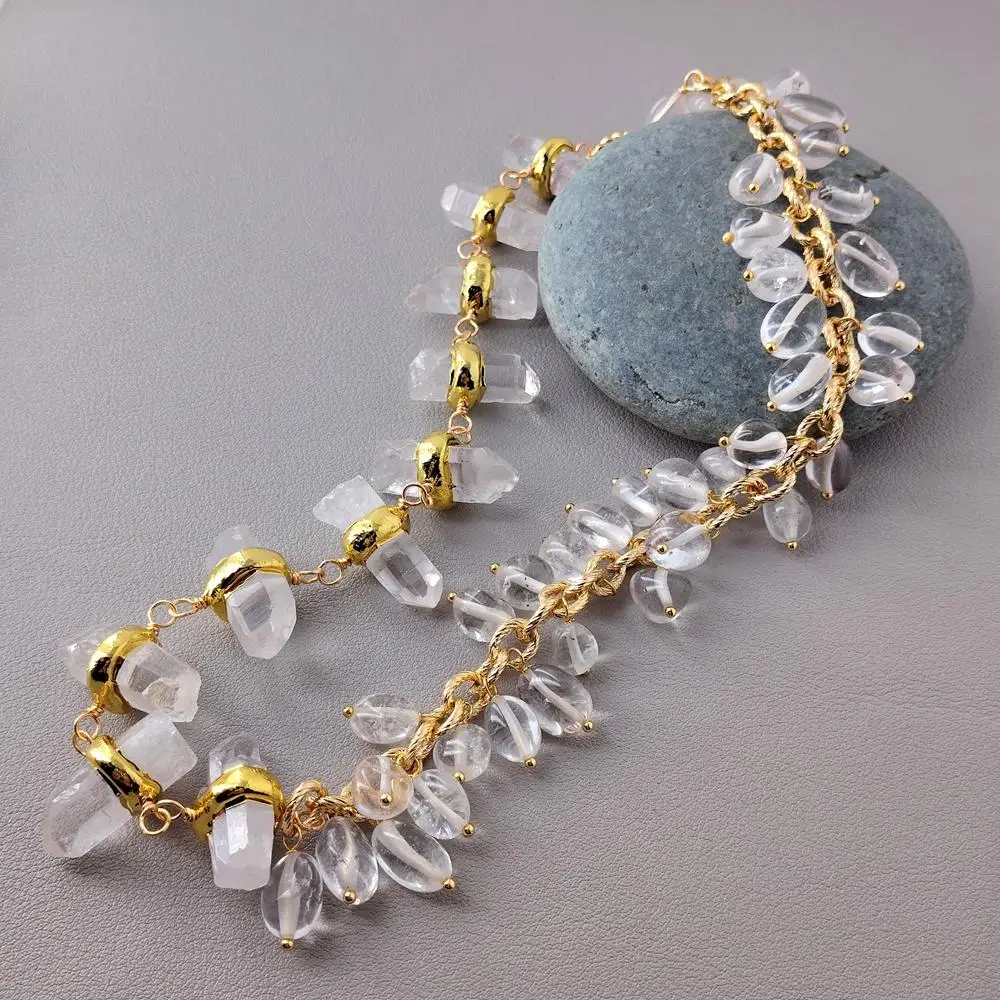 

kkgem gold plated chain 12x24mm Clear Crystal Stone Quartz Woman Choker Necklace Asymmetric Necklace Designer Jewelry