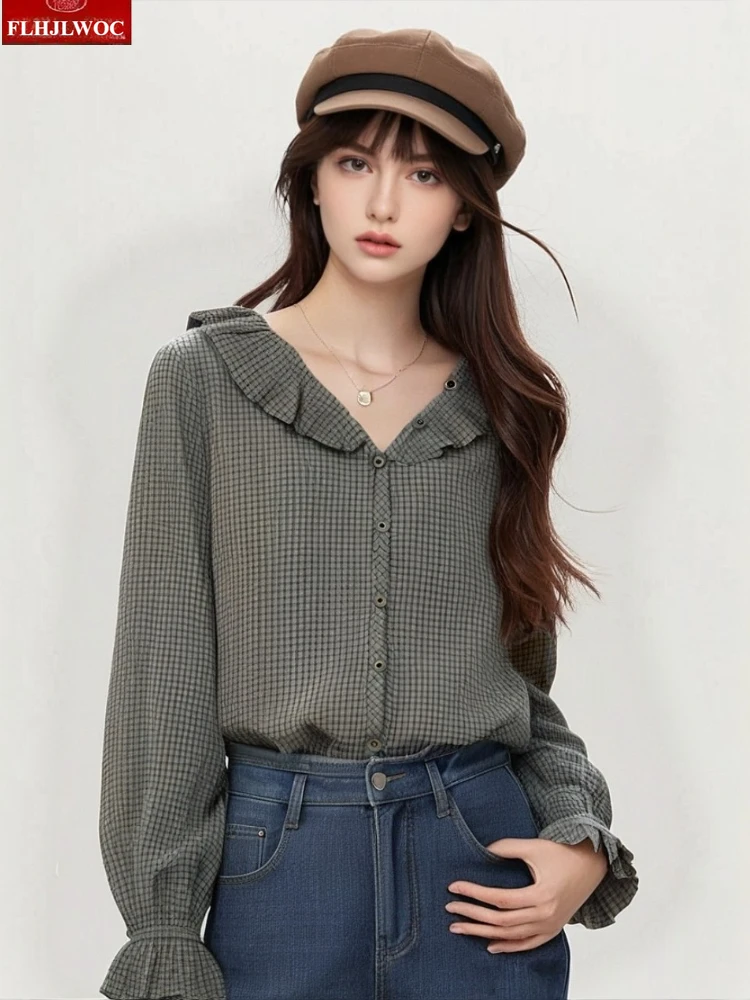 

Ruffles Plaid Shirts New Fashion Autumn Spring Woman Cute Sweet Girls Long Sleeve Casual Preppy Style Retro Vintage Tops Blouses