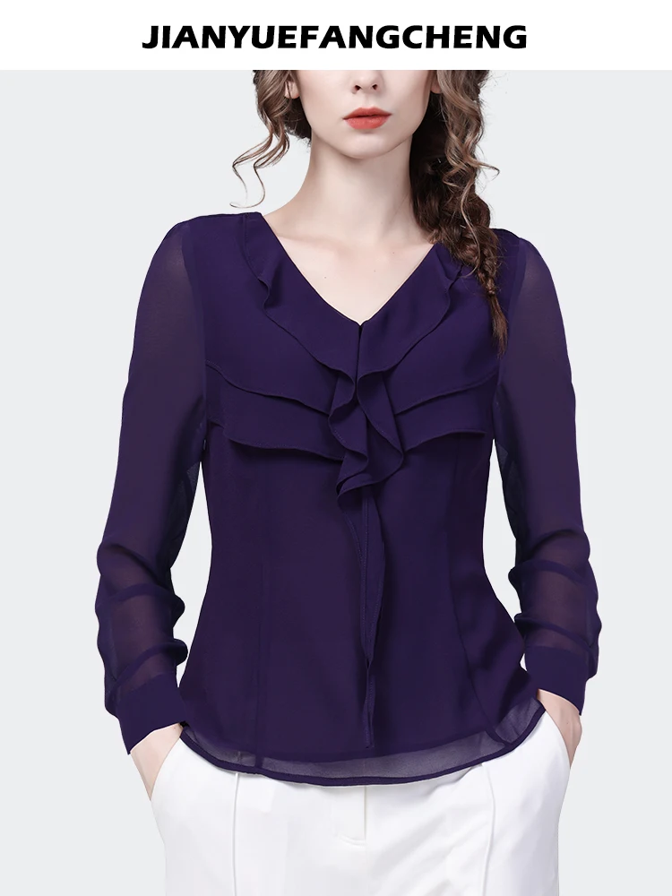 Imagem -04 - Blusa Feminina de Chiffon Roxo com Gola Marinheiro Manga Longa Tops com Gola v Folgada Camisas Casuais com Babados Moda Primavera Verão