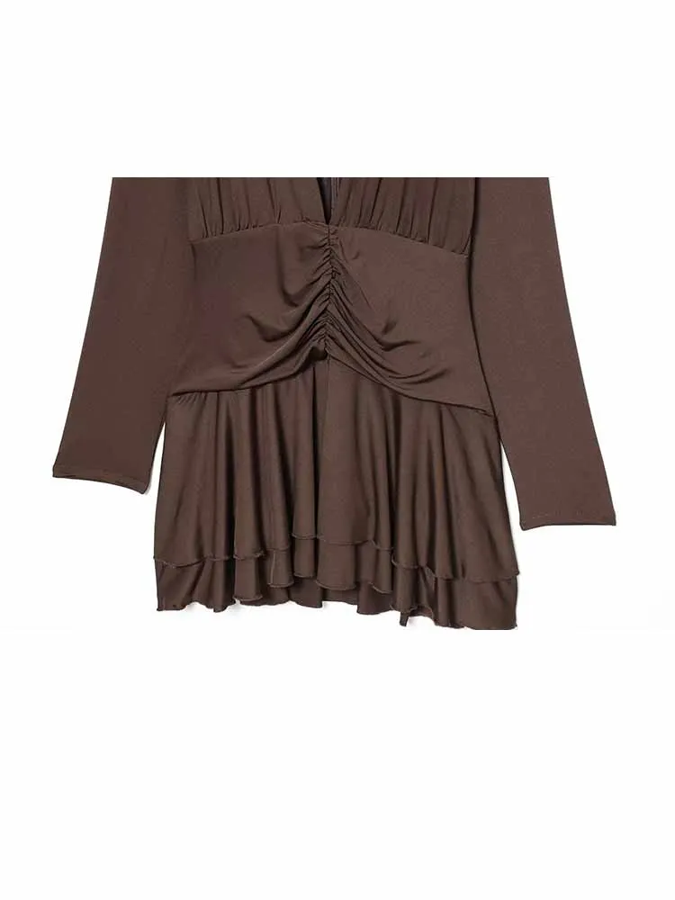 HH femme été rétro mode manches longues col en V profond plissé décoration combinaison robe femme décontracté Style de rue robe