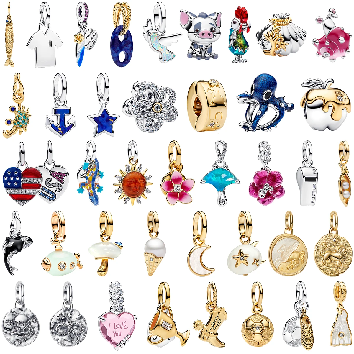 2026 S925 Silver Pendant Beads Enamel Rooster Pig Shell Snail Crab Anchor Octopus Apple Lizard Whistle Coin Trophy Charm Jewelry