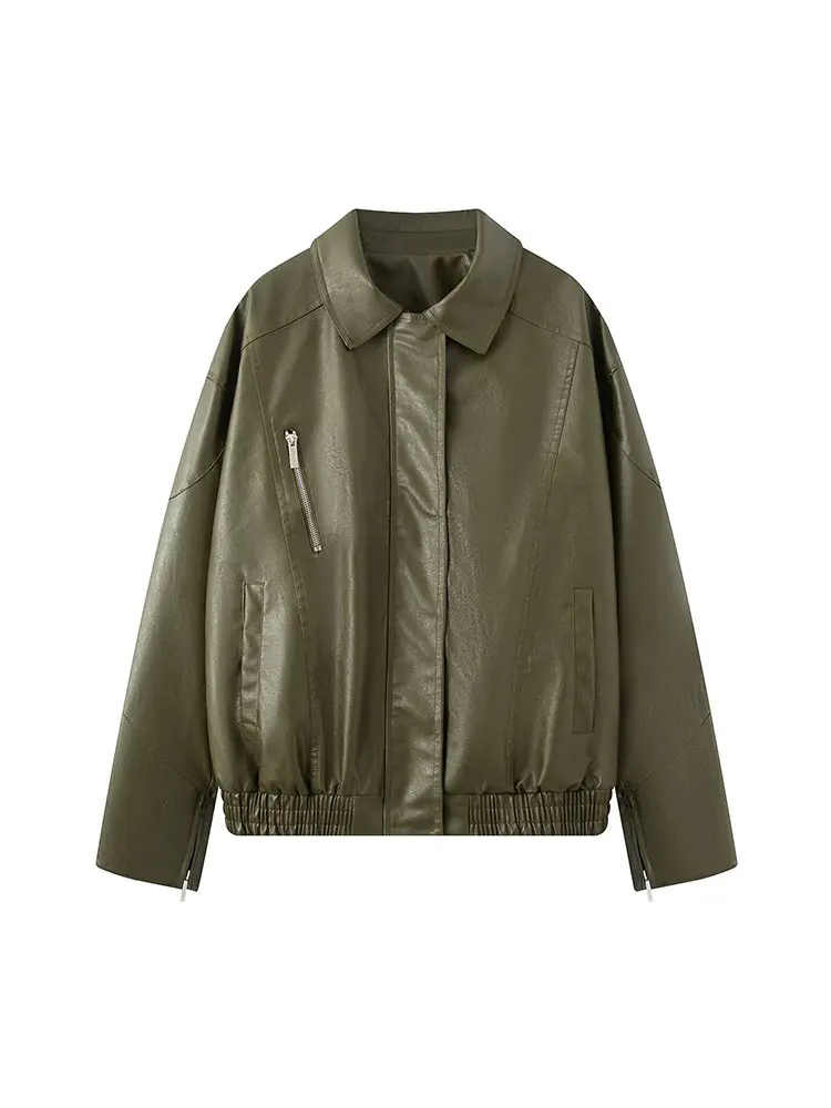 NLZGMSJ Vintage Casual Chic Women Leather Jackets Turn-down Collar Long Sleeve Zipper Coat Fashion 2025 Autumn Streetwear Outwea