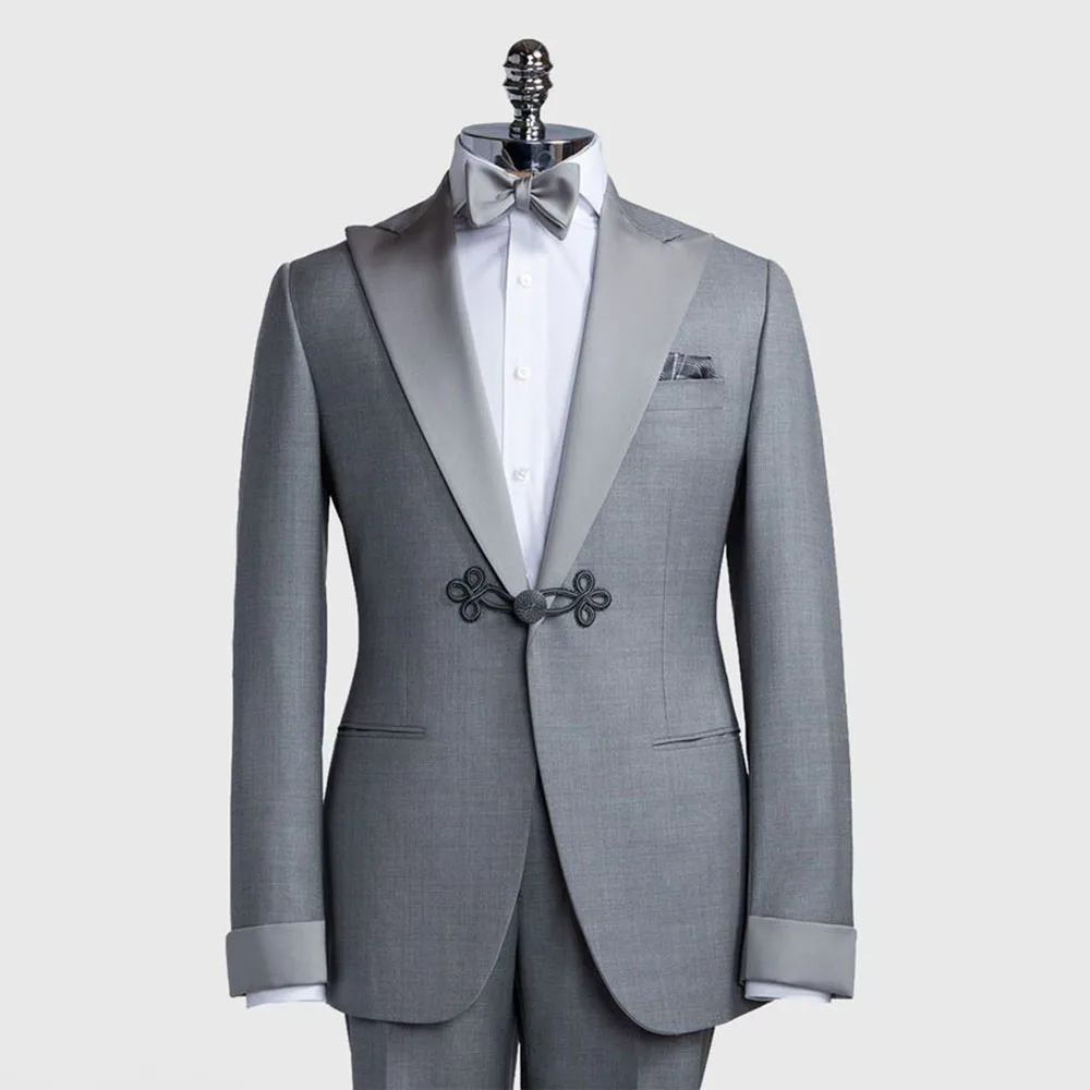 

Exquisite Gray Suits for Men Chinese Style Single Button 2 Pieces Jacket Pants Male Clothing Wedding Banquet Office Blazers Sets