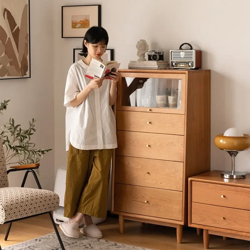Nordic solid wood cherry wood simple living room white oak storage cabinet Japanese bedroom storage side cabinet