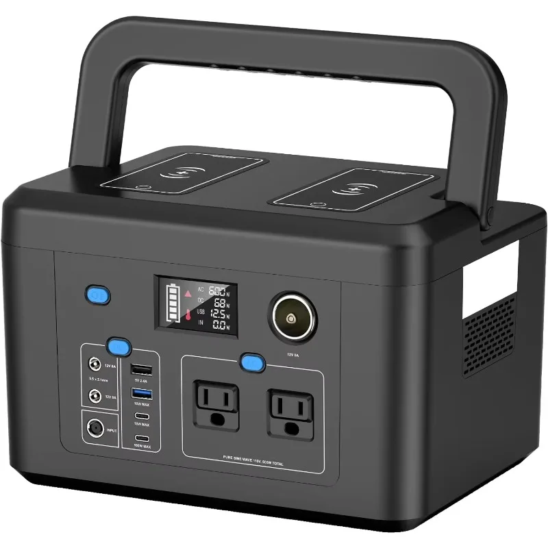 

Portable Power Station 600W, 296Wh Battery Backup with 2 Pure Sine Wave AC Outlets, USB-C PD100W and 2 Wireless Chargers