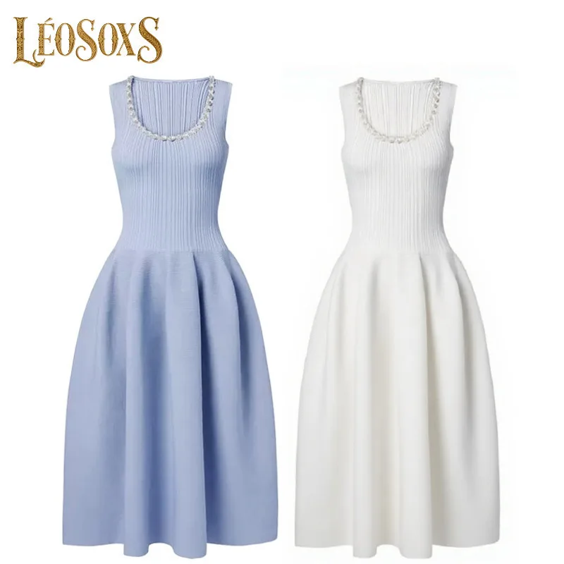 

LEOSOXS Elegant O Neck Women's Clothing Solid Sleeveless Nail Drill Knitted Dress Fashion Party Dresses 2025 Summer Long Gowns