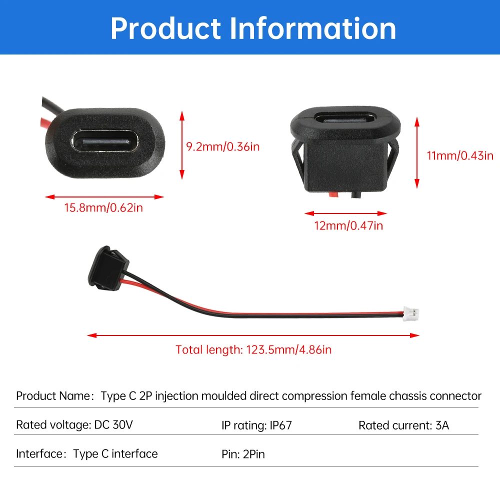 5 ، موصل USB من النوع C مضاد للماء 2pin ، مقبس مقبس شحن سريع من النوع C ، منفذ شحن نسائي ، مقبس توصيل بسلك #3
