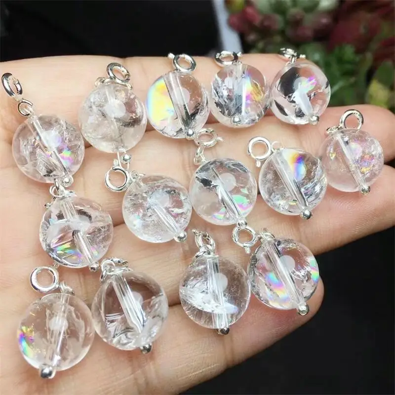 S925 Natural Rainbow Fluorite Sphere Pendant Necklace Quartz Crystal Mineral Healing Reiki Gift Gemstone Crafts 2PCS