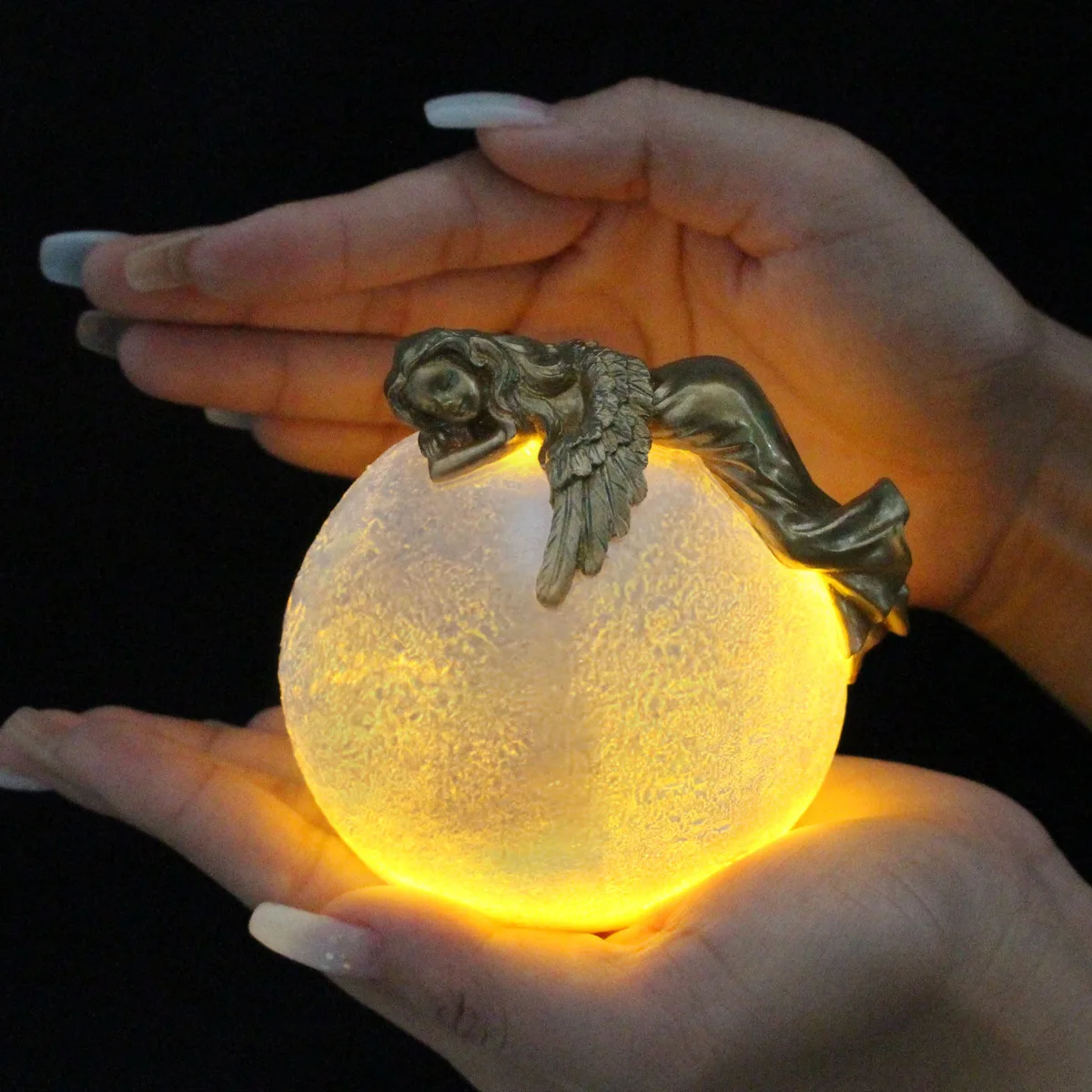 ‌Sleeping Angel Moon Statue - Resin Night Light for Bedroom