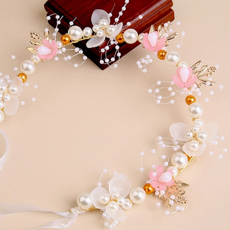 1pc Bridal headwear with gold leaf headband, flower wreath, pearl headband, sweet European wedding dress, children\'s headwear