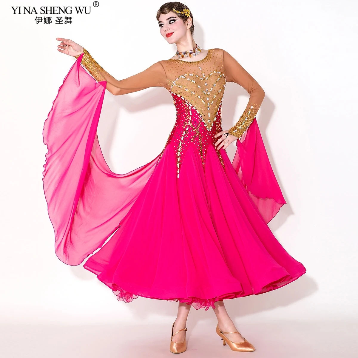 Standard-Walzer-Wettbewerbskostüm, Rundhals-Langarm-Tanzkleid für Damen, Rosenrot, hochwertige rote Ballsaal-Tanzkleidung