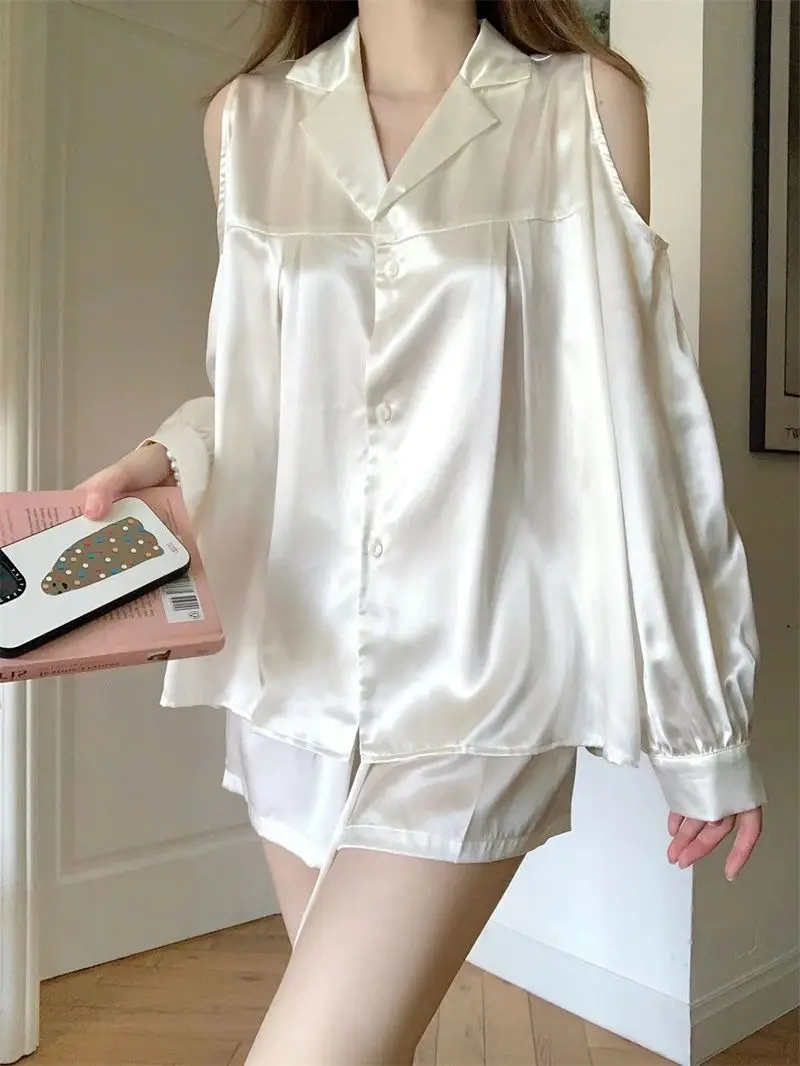 Female Sweet Satin Lace Pajamas Sets Women Long Sleeves Shorts Home Clothing Spring Summer Loungewear Nightwear Plus Size M-4XL