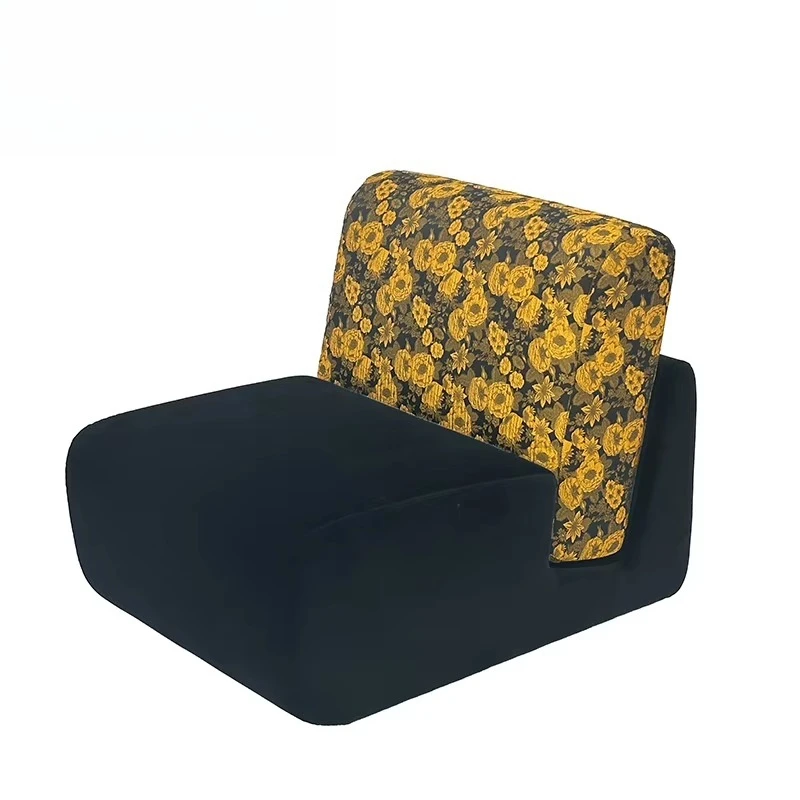 Modern and stylish yellow patterned upholstered lounge chair with black wood frame, suitable for living and dining rooms