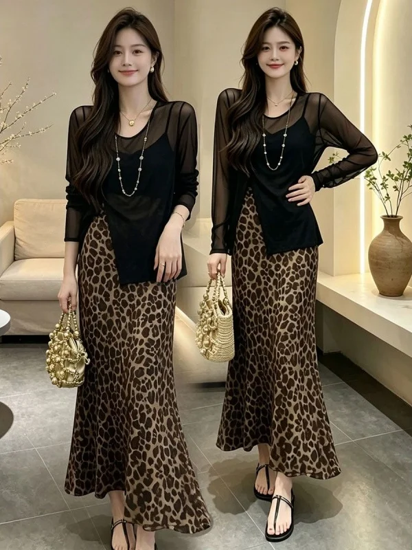 Fashionable Half-length Leopard Print Skirt with Asymmetrical Slit Women's Summer New Style Sun Protection Cover up Vintage