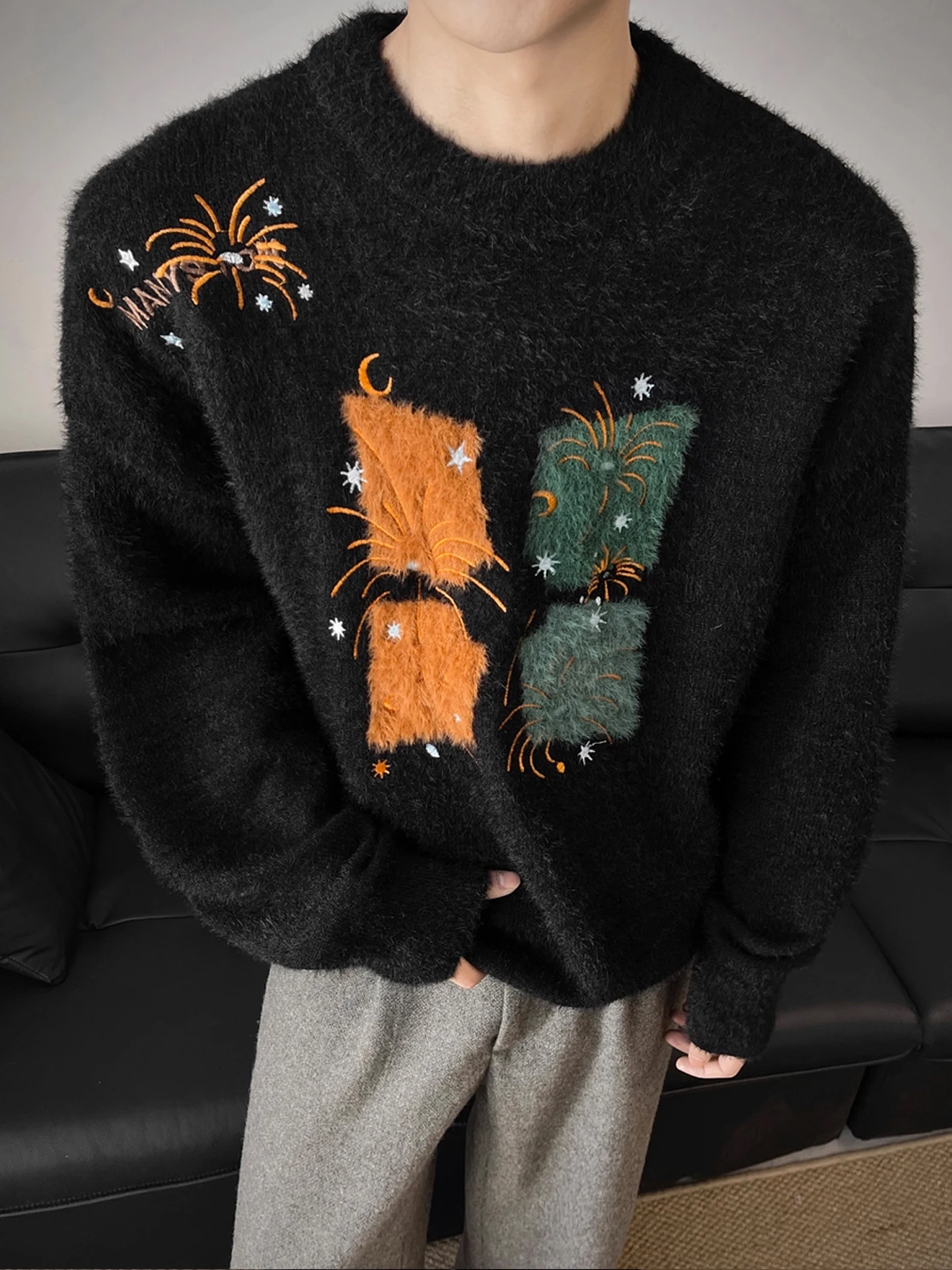 

Casual American High Street round Ne Embroidered Knitwear ex Winter Lazy High Design Loose Leisure Sweater