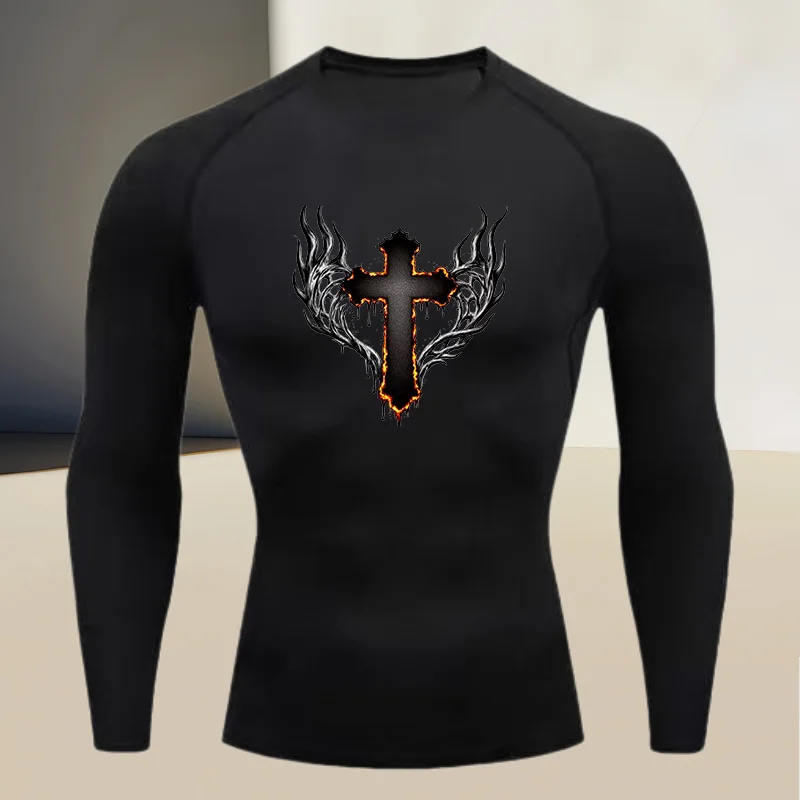 Men's round neck quick drying compression long sleeved printed top - a must-have for high stretch fitness and outdoor sports - Image 3