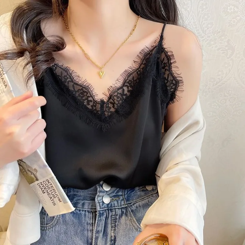 Women Sleeveless Tees Top Sexy Backless Lace V Neck Patchwork Cami Vest Casual Adjustable Spaghetti Holiday Beach Party Camisole
