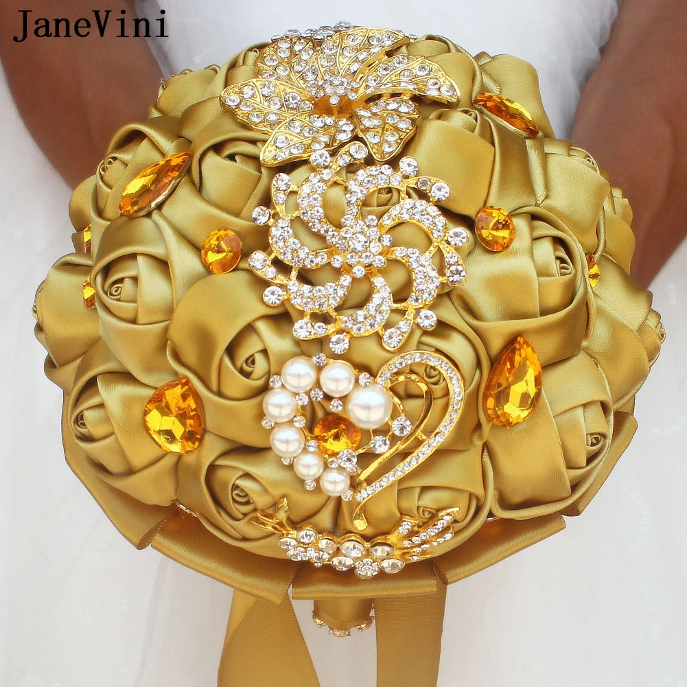 Janevini Luxe Gouden Bruidsboeket Boutonniere Polsbloem 3 Stuks Set Steentjes Kristallen Satijn Bruidsboeketten Flores Novia