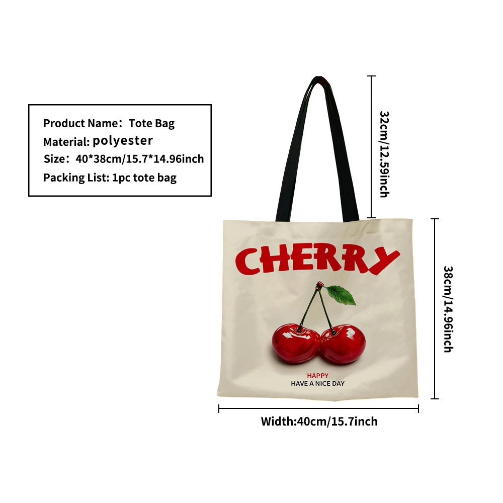 Cherry Print Canvas Tote Bag – Minimalist Cream Base with Bold Red “CHERRY” Lettering & Realistic Twin Cherries Graphic, Slogan