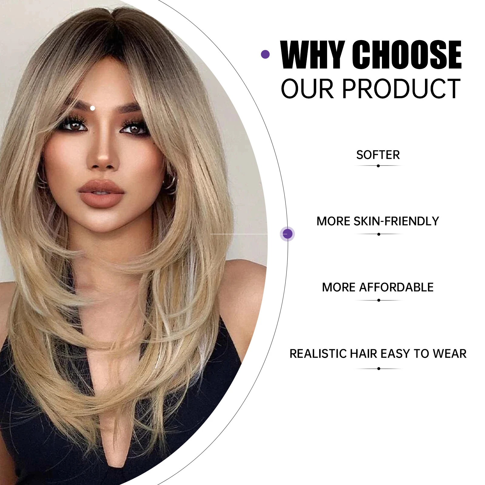 Long Blonde Mixed Wig with Bangs Ombre Layered Straight Synthetic Hair Wig with Dark Roots Bangs for Women Natural Looking Daily