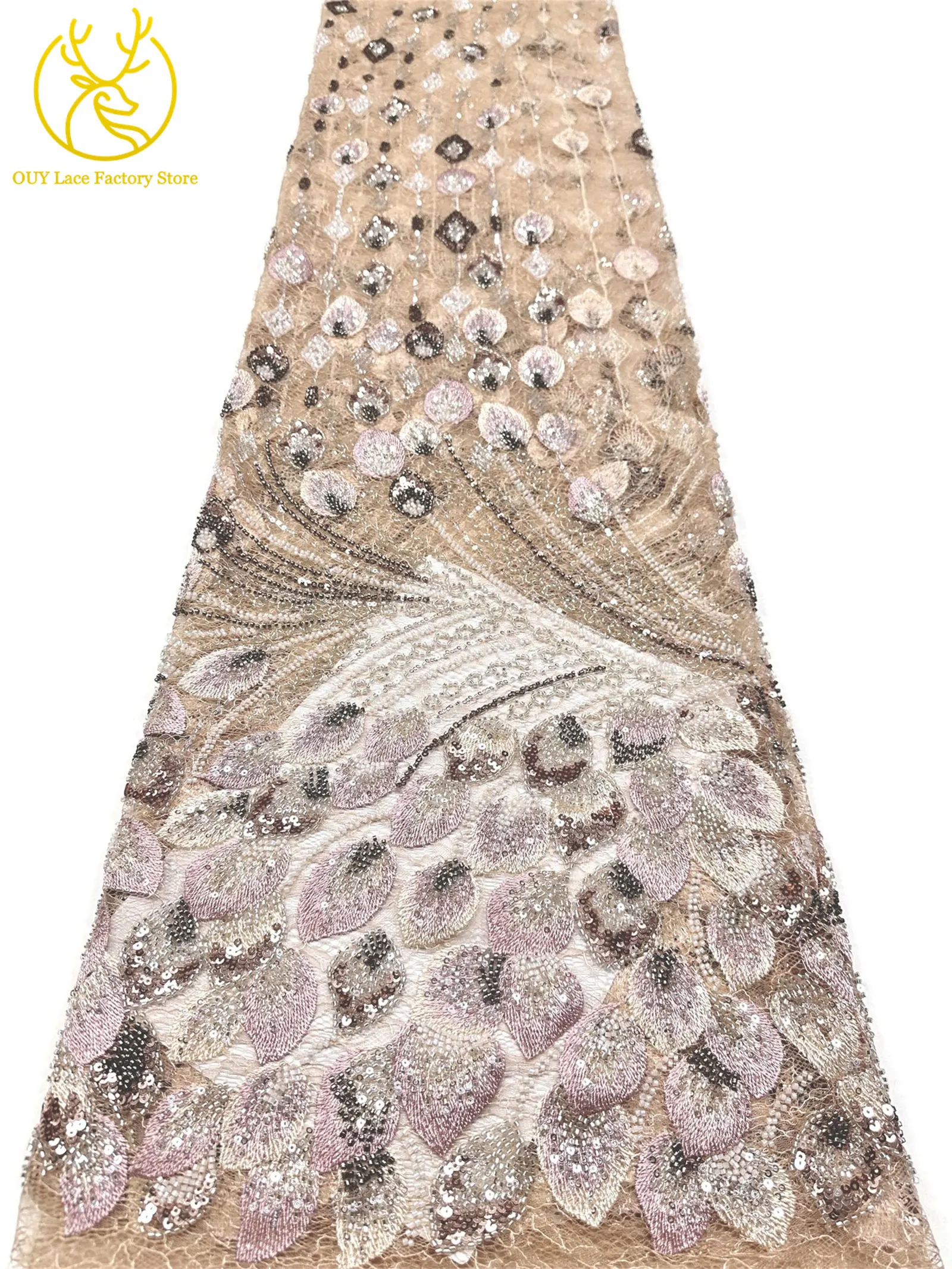 Nigerianischer Spitzenstoff im neuen Stil mit 3D-Stickerei, 5 Yards, eleganter afrikanischer Spitzenstoff mit Perlen und Pailletten für Brautkleider und Hochzeitskleider zum Nähen – Detail 10