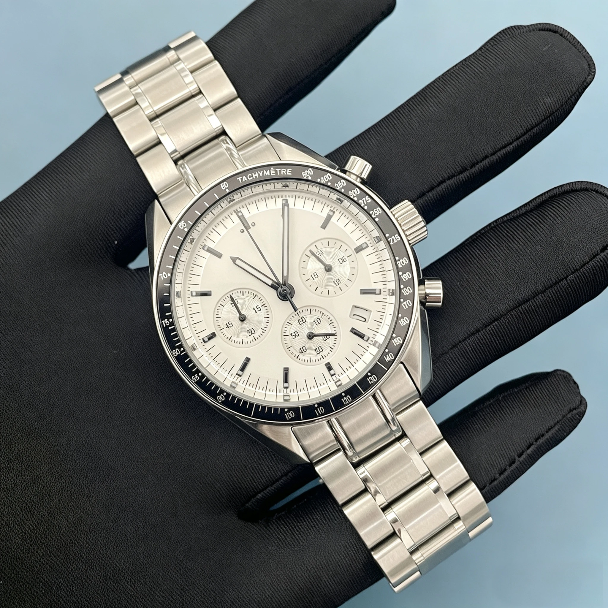 40MM Men's Chronograph Stopwatch Quartz Wristwatch With VK63 Movement. Men's Water-Resistant. White/Black Dial.  With Bezel.