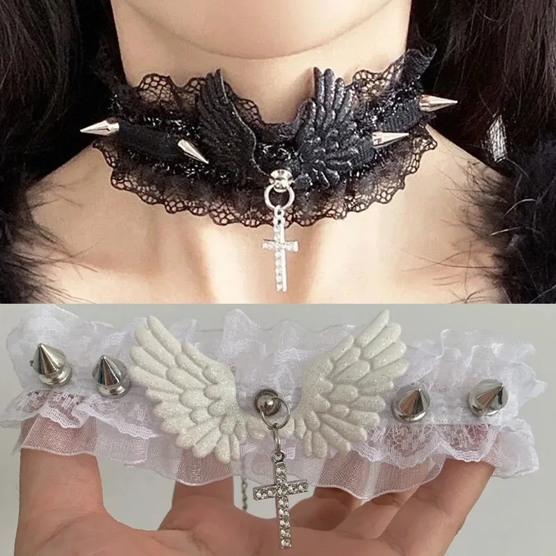 

2pcs Unisex Black White Lace Punk Choker Necklace Goth Crystal Cross Pendant Angel Wing Rivet Necklaces Charm Party Jewelry Gift