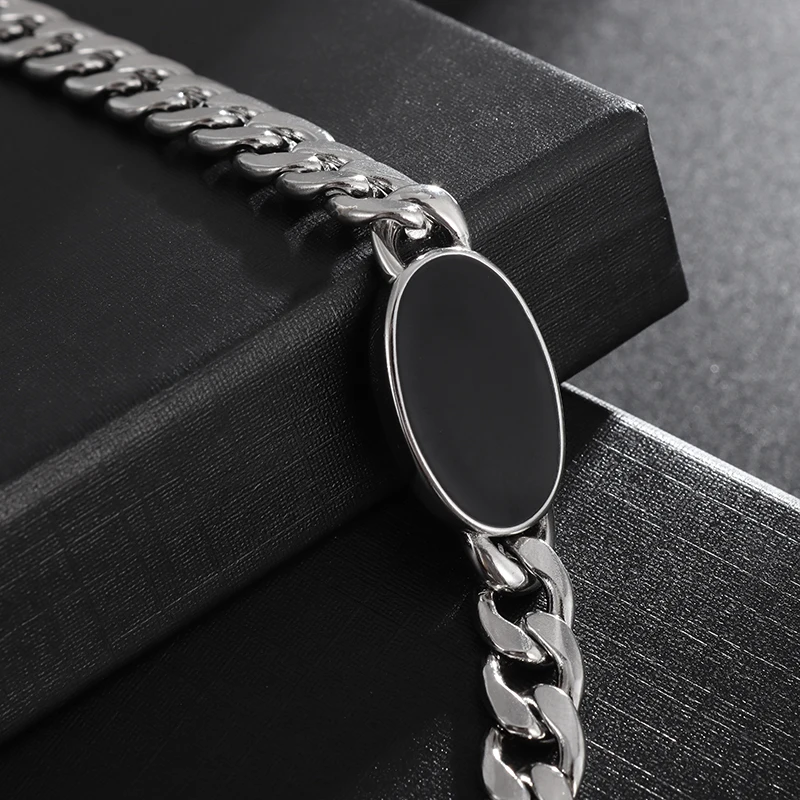 Men\\\'s Popular Stainless Steel Cuban Chain Bracelet Black Zircon Charm Cool Street Party Jewelry Gift