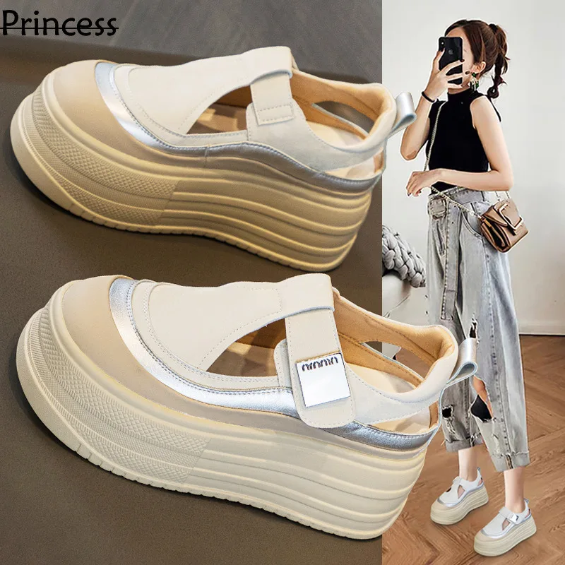 Summer New Pine Cake Thick Sole Sandals Women\'s Bag Head 2024 Hollow Breathable Matching Skirt Casual Tall Single Shoes