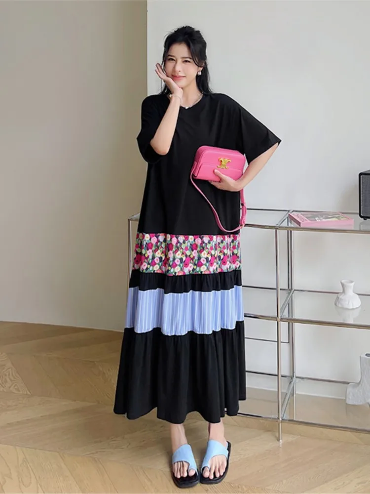 プラスサイズ サマー ミディアム丈 Aライン カジュアル Tシャツワンピース レディース ワンピース ルーズ パッチワーク 大きめ 半袖 レディース ドレス