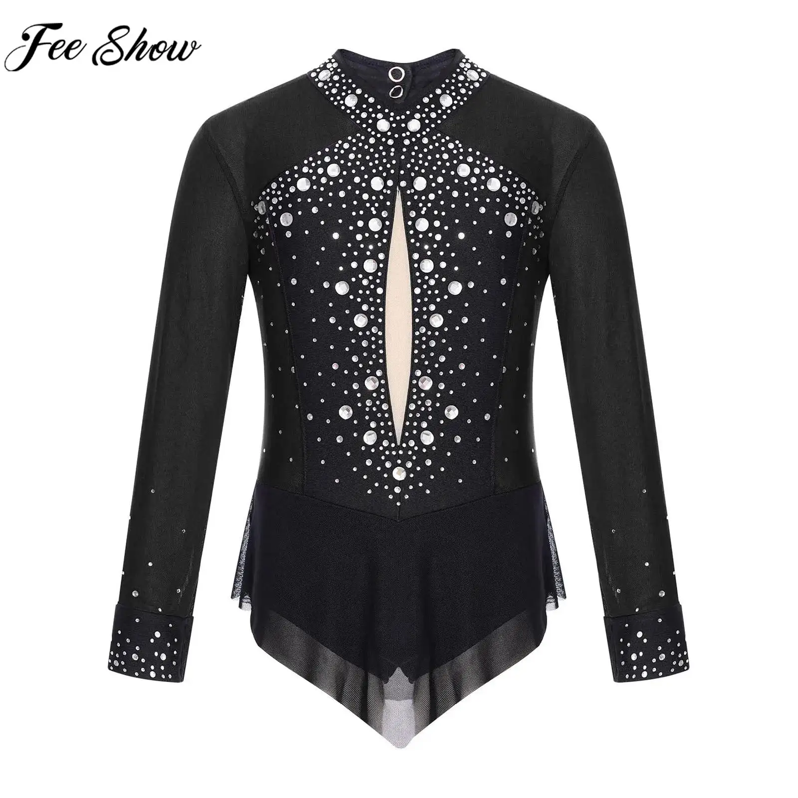 Children Girls Figure Skating Costume Ballet Dance Rhythmic Gymnastics Leotard Long Sleeve Shiny Rhinestone Sheer Mesh Bodysuit