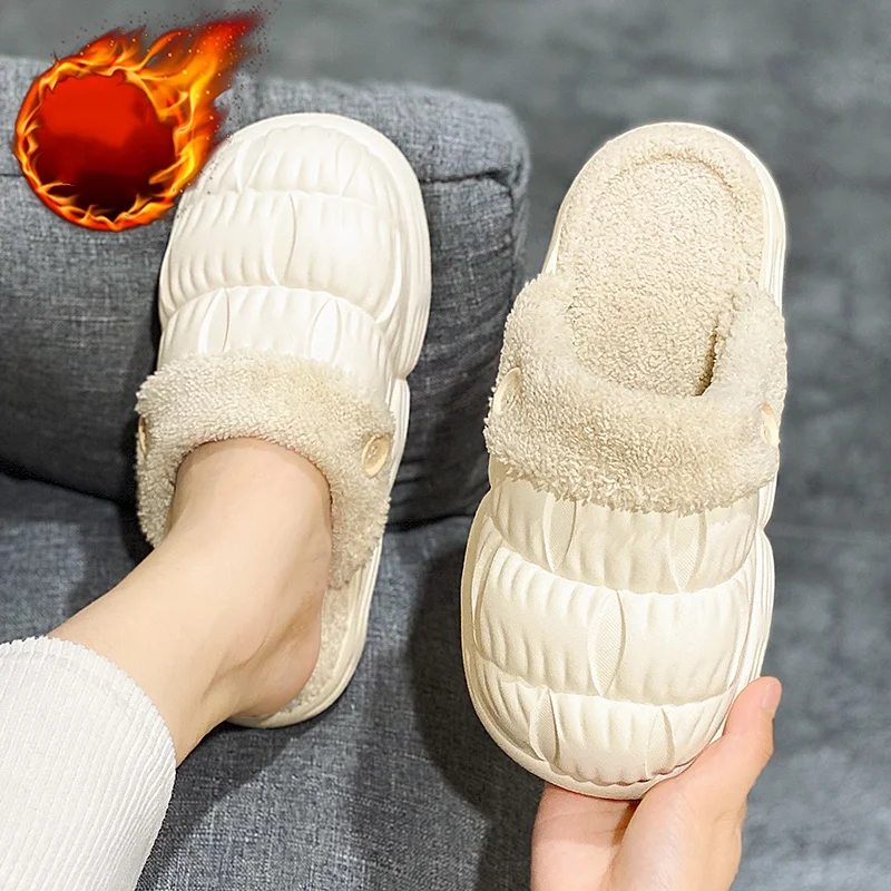 Men's and Women's Couple Style Autumn and Winter Warm Cotton Slippers, Eva Integrated Waterproof Thick Sole, Plush Lining, Suitable for Home and Outdoor Use