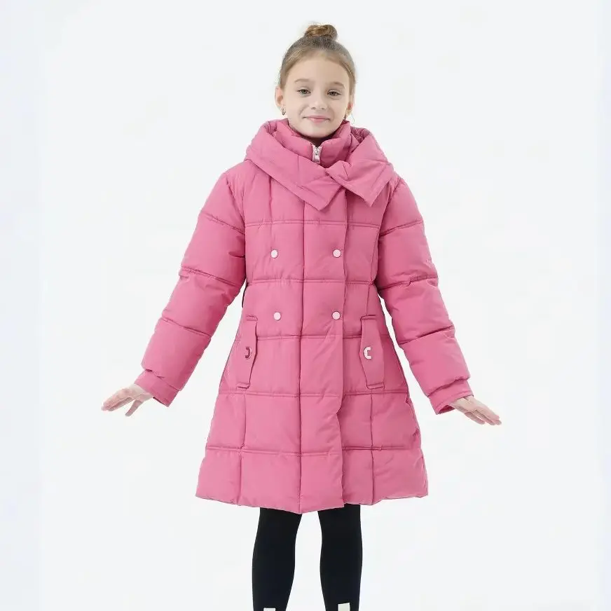 Long Style Girls Jacket Winter New Solid Color Thick Warm Fashion Hooded Trench Coat For 5-12Y Kids Cotton Down Snowsuit