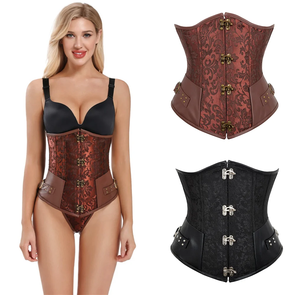 

Steampunk Waist Trainer Jacquard Underbust Corset Women Short Steel Buckle Faux Leather Corset Studded Retro Corset Plus Size