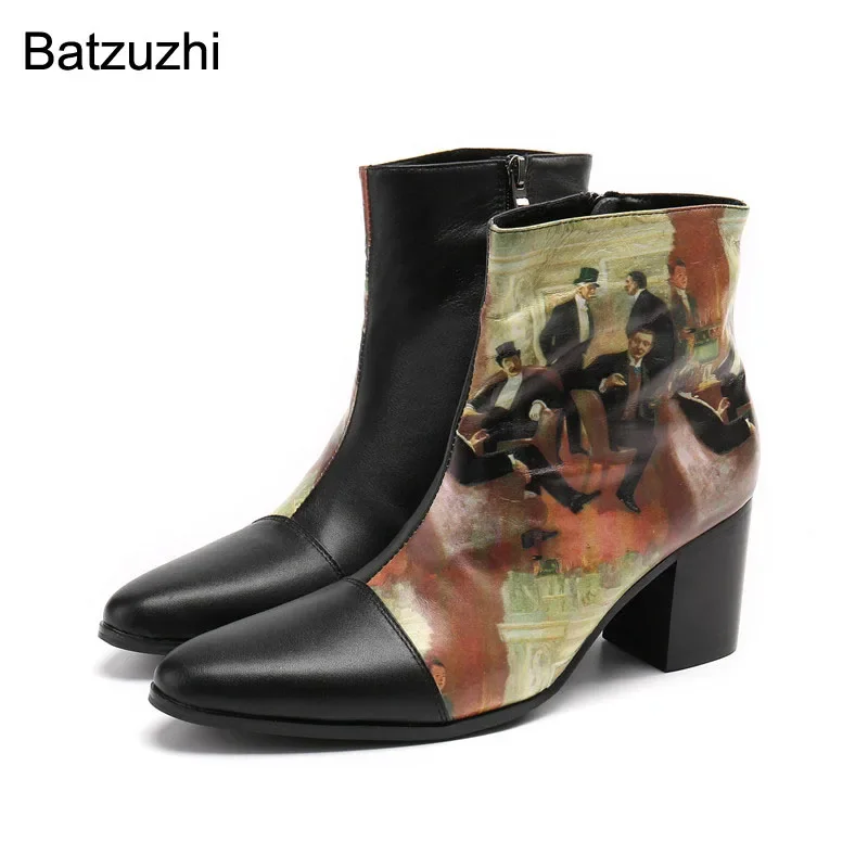 

Batzuzhi British Style Men's Shoes Pointed Toe Fashion Personality Black Print Short Boots Men Knight/Party/Show Botas Hombre!