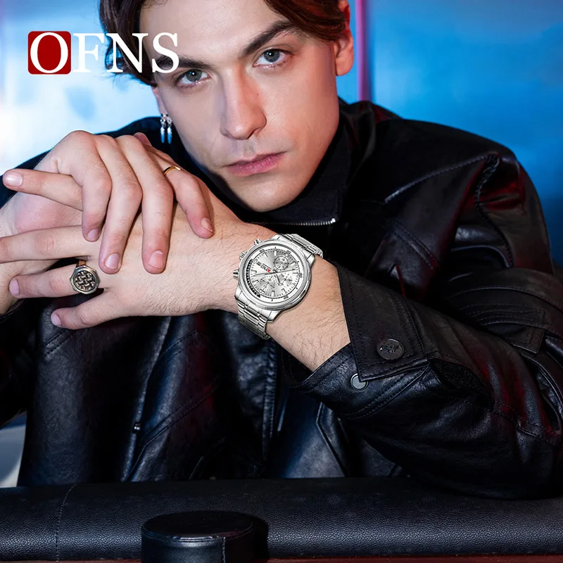 OFNS 2025 Nuovo orologio da uomo d'affari e per il tempo libero con tre occhi, movimento al quarzo a sei aghi, display con luce notturna impermeabile 3ATM