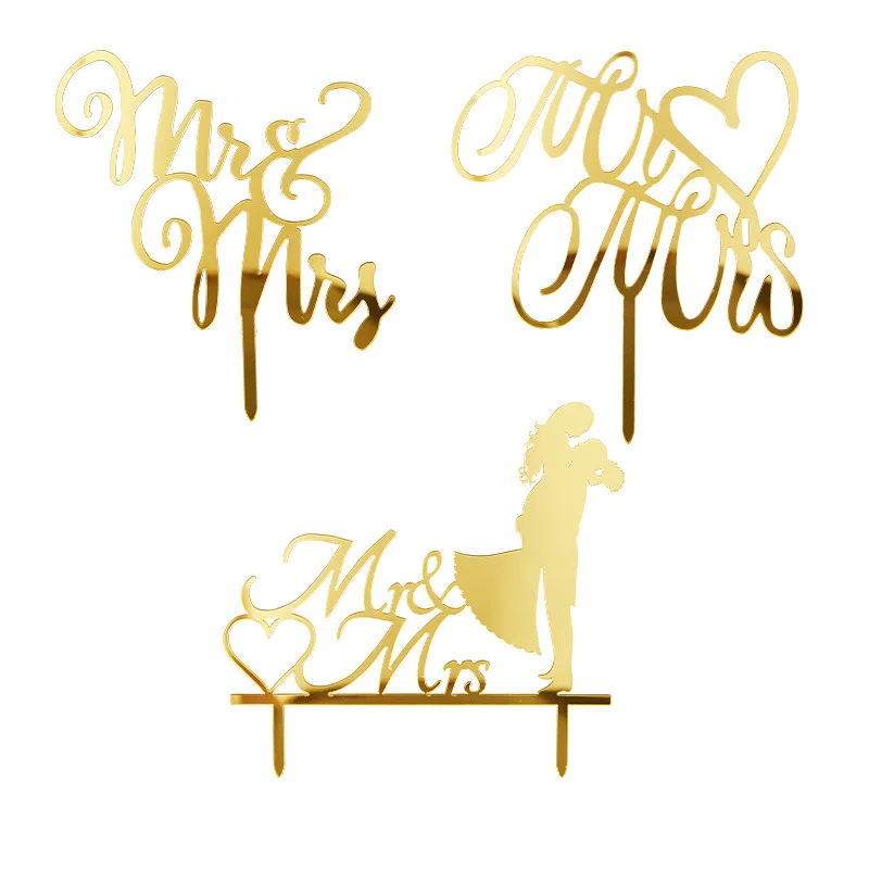 Mr & Mrs Wedding Acrylic Cake Toppers Valentine's Day Gold Diamond Rings Cupcake for Wedding Party Cake Decorations Supplies