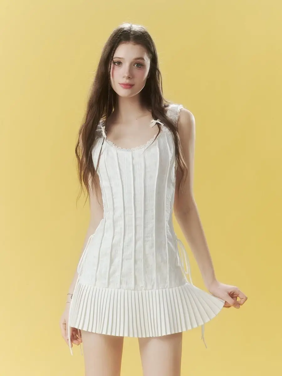

Women's Solid Color Simple Off-shoulder Suspender Dresses Female Summer Bow Lace-up Waist Slim Fit Short Pleated Camisole Dress