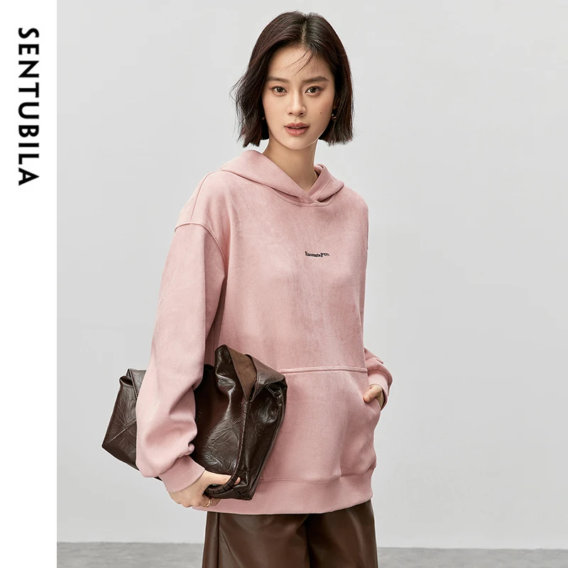 SENTUBILA Embroidery Letter Hoodies Women 2024 New Autumn Winter Tops Vintage Oversized Drop Sleeve Pockets Outwears 144A56943