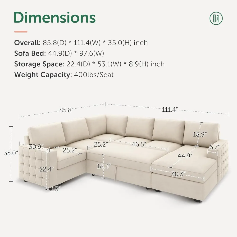 Sectional Couch with Pull Out Bed, Sectional Sleeper Sofa with Storage, U Shape Sectional Couches for Living Room,Velvet