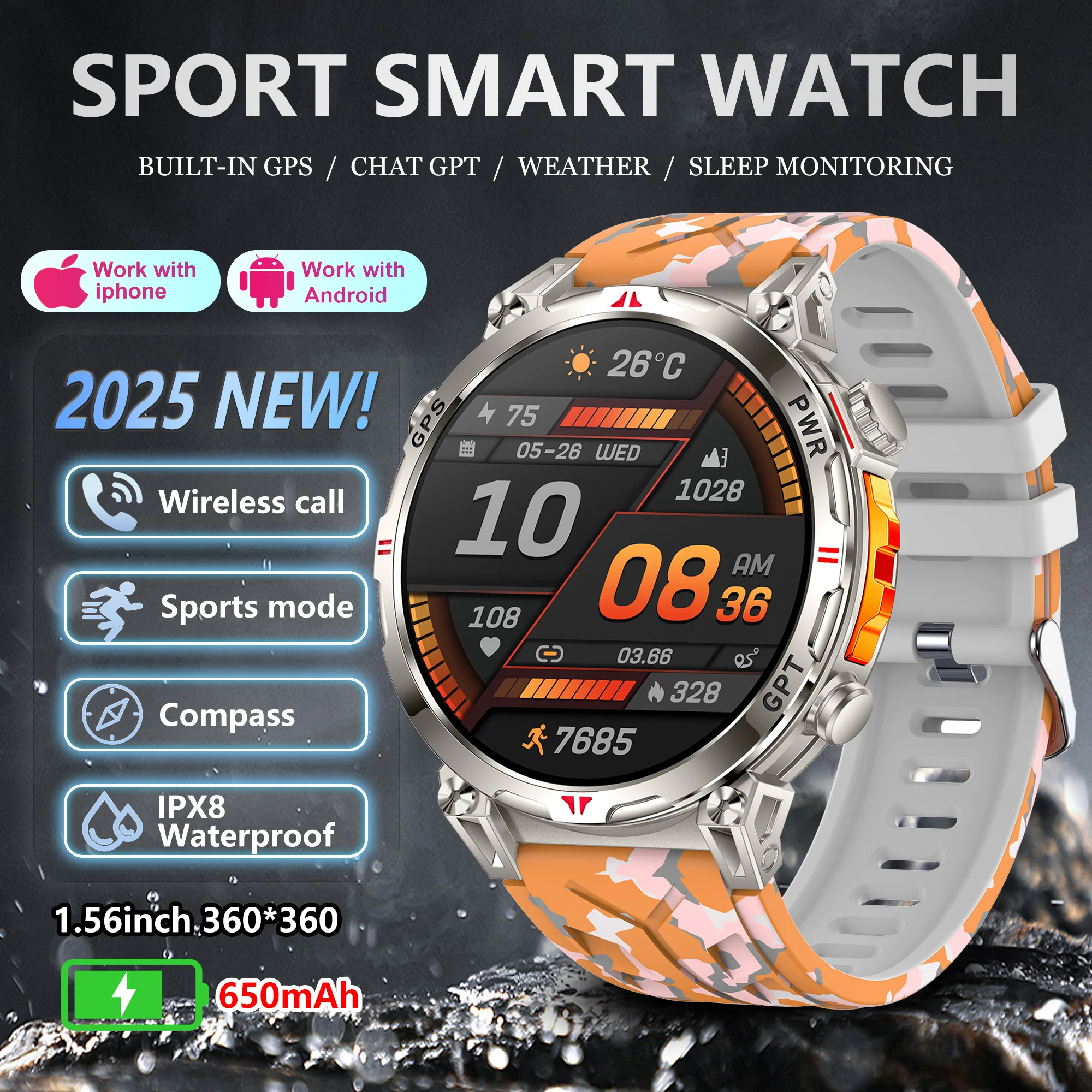 

2026 Новые умные часы с GPS-позиционированием поддерживает Bluetooth-вызов 100 + спортивный режим, компас, высота, давление воздуха, мониторинг здоровья