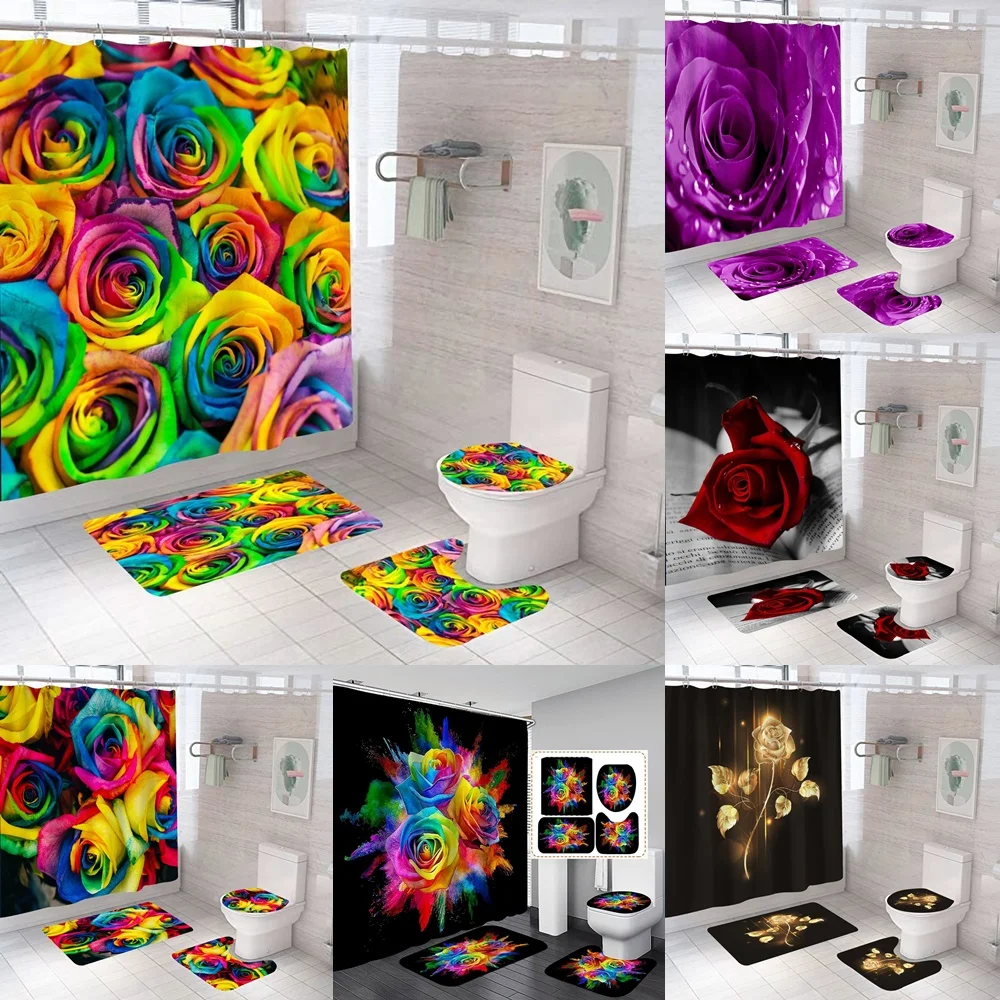 Vintage Colorful Rainbow Rose Shower Curtain Sets Flower Floral Art Bathroom Decor Curtains Non-slip Rug Bath Mats Toilet Cover