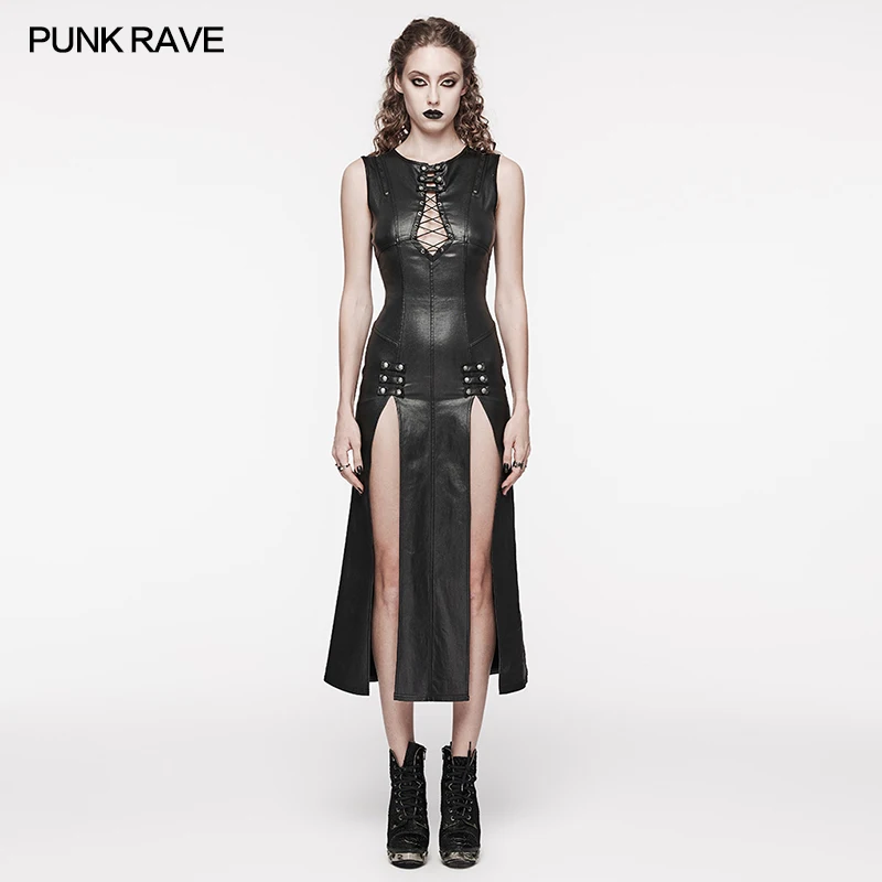 PUNK RAVE Women's Punk Front Are Hollowed Out Drawstring Design Patent Leather Dress Slim Sleeveless Summer Women Clothing