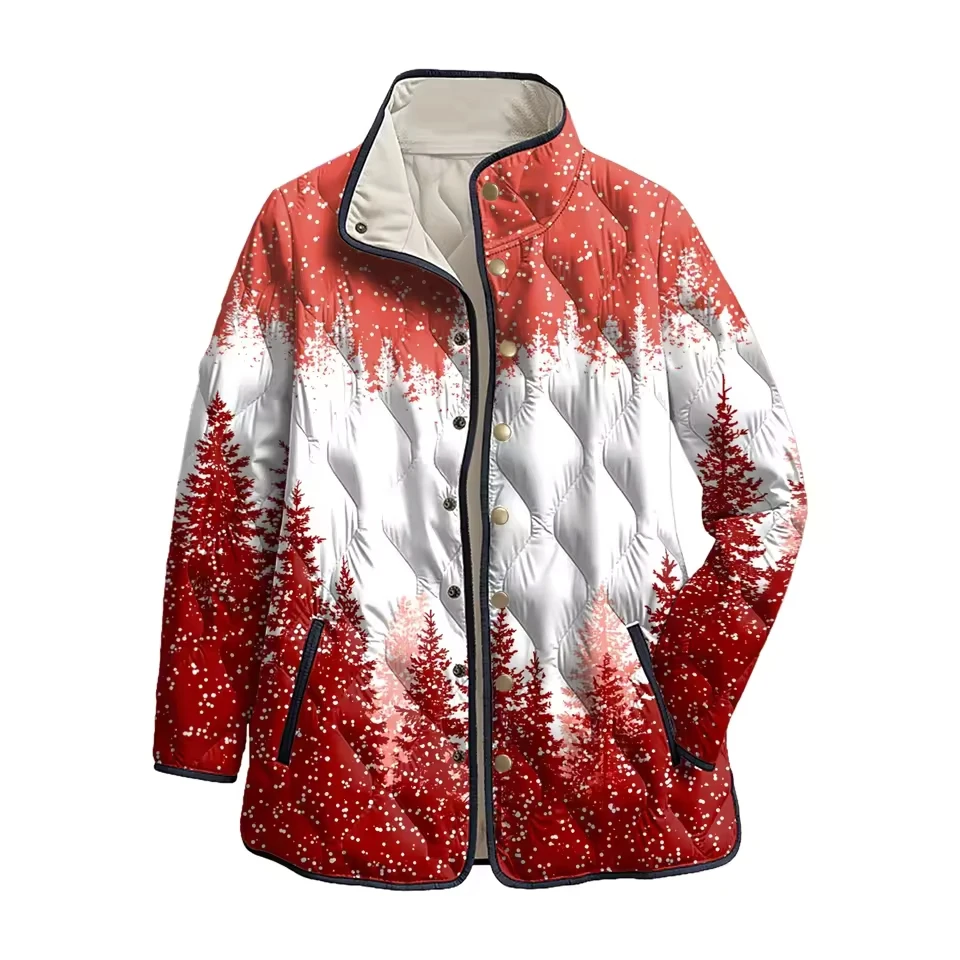 

Women'S Christmas Printed Plush Casual Fashion Stand Up Collar Warm Cotton Streetwear Coats For Female